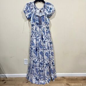 ME 2 Magic boho maxi dress paisley floral short ruffled sleeves smocked bodice M